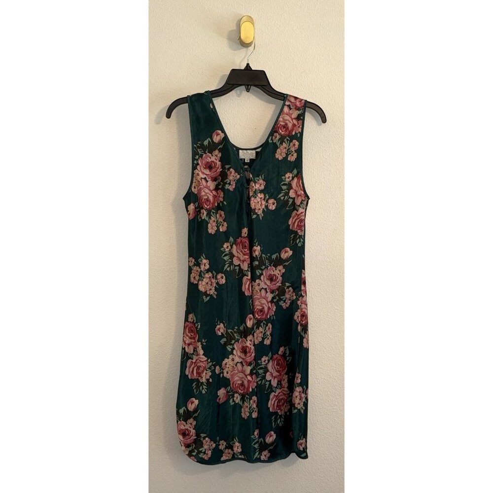 Vintage 80s Go Softly Polyester Satin Nightgown Sleep Dress Floral Roses M Green